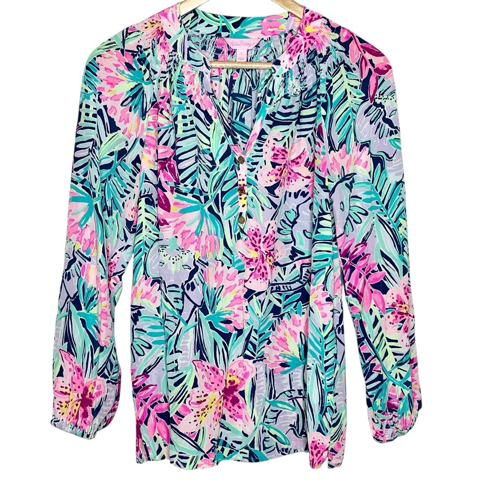 Lilly Pulitzer Elsa Silk Top Slathouse Soiree Womens Small Elephant Tropical